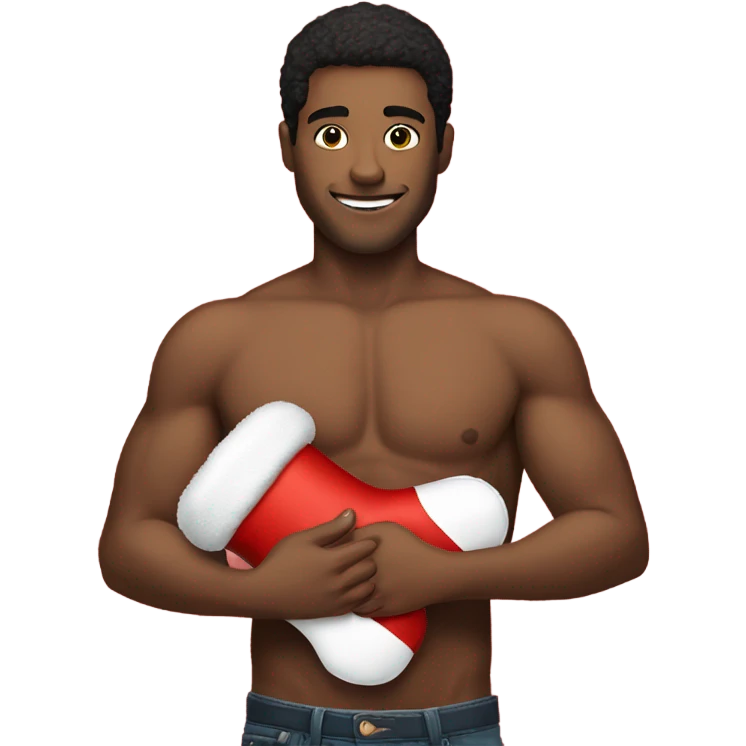 Shirtless man holding christmas stocking emoji