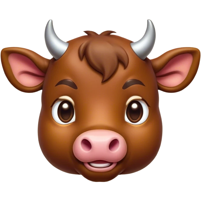 Cinematic Cute Brown Bull Portrait Emoji, Head tilted playfully and inquisitively, featuring a glossy, robust brown hide with a natural sheen, round, sparkling dark eyes filled with gentle curiosity, Simplified yet irresistibly adorable features, highly detailed, glowing with a warm, friendly glow, high shine, affectionate and imposing, stylized with a touch of rugged charm, bright and endearing, soft glowing outline, capturing the essence of a mischievous yet loving bull, so playful it feels like it could stomp out of the screen and into your arms! emoji