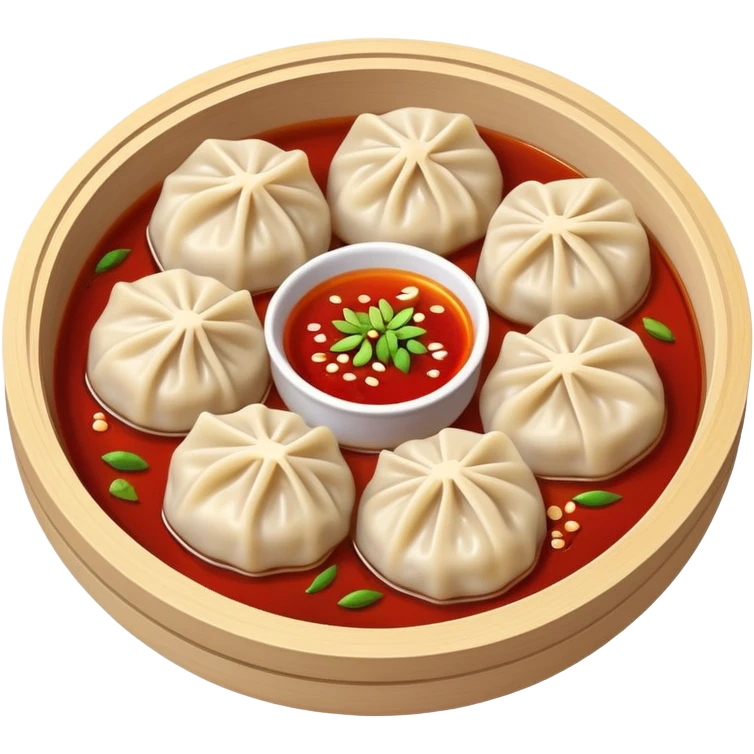 Chongqing Zhong Dumplings with red chili oil sauce, simplified emoji style with bold outlines and bright colors, cartoon style Sichuan spicy boiled dumplings emoji