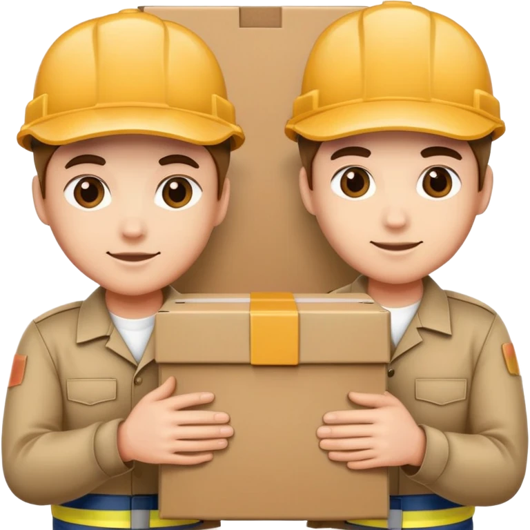 two workers in caps and uniforms holding a large box together emoji