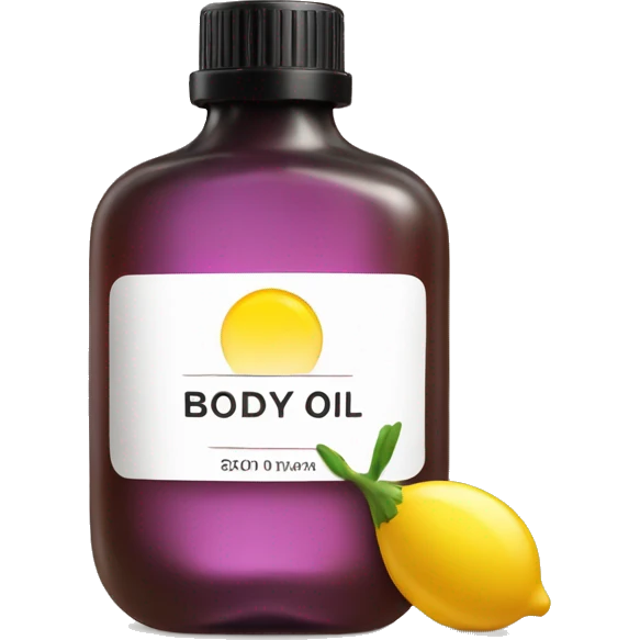 bottle of body oil with label emoji