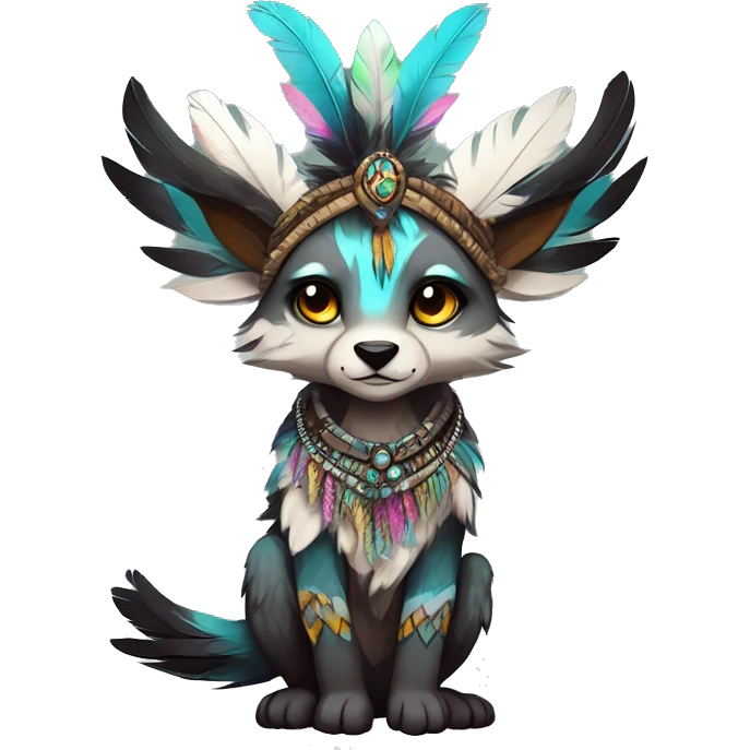 cute cool edgy fantasy animal fursona creature by griffsnuff & LiLaiRa & Falvie with exotic colors with patterns and feathers and headdress and necklace full body emoji