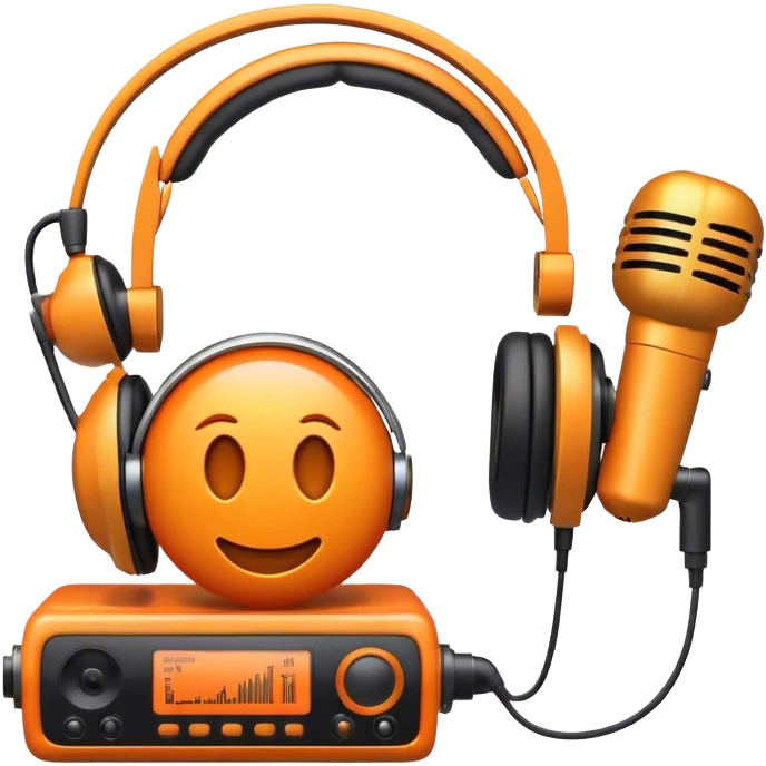 Create a dynamic and creative emoji that represents voiceover and dubbing. The design should feature a microphone, a pair of studio headphones, and sound waveforms to symbolize the recording and manipulation of voice. Add subtle details like a film reel or a speech bubble to represent the dubbing aspect. Use vibrant colors like orange, red, or purple to evoke energy and creativity in voiceover work. The background should be transparent. emoji