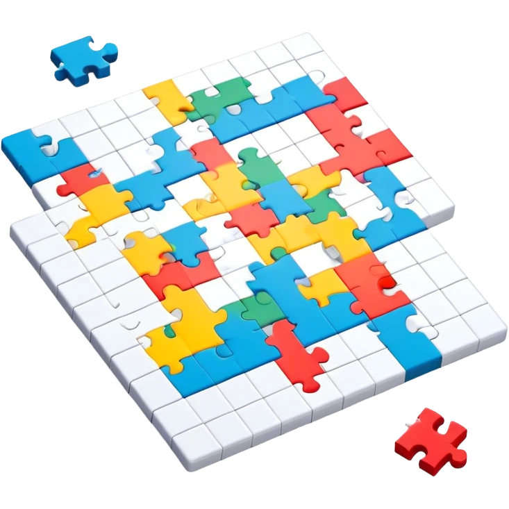 A colorful puzzle piece, a crossword magazine, a 3D puzzle, and a partially completed puzzle picture on a table. Bright colors, minimalist design, modern style. Transparent background, suitable for puzzles and brain games. emoji