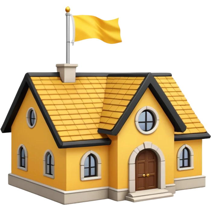 simple school, white background, magic school, black roof, with a big flag, big flag on a roof, big yellow flag, white school emoji