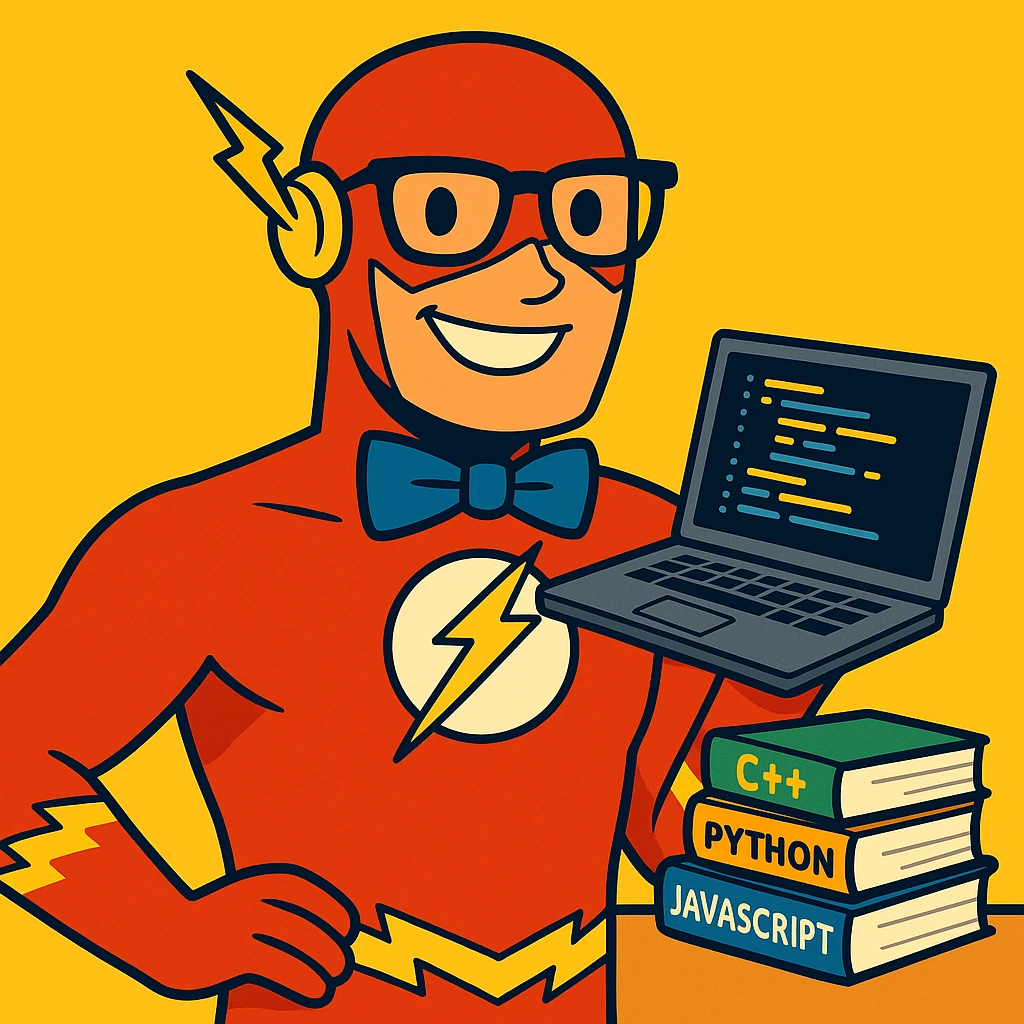 Make The Flash a nerdy programmer, add a laptop, code on the screen, and a stack of programming books, vibrant toon style. emoji