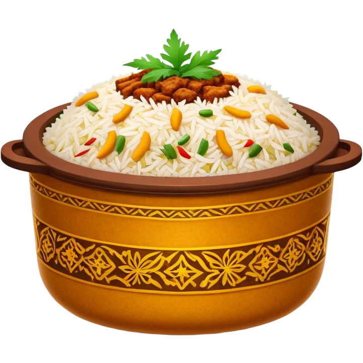 Cinematic Realistic Biryani Dish Emoji, depicted as aromatic basmati rice layered with spiced meat and herbs rendered with vibrant textures and warm, inviting lighting. emoji