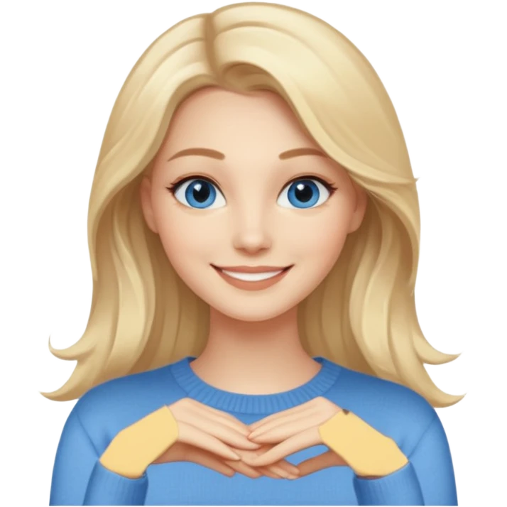 hyper realistic glamourous pale woman, Long blonde balayage hair, smiling, beige sweater & blue eyes emoji