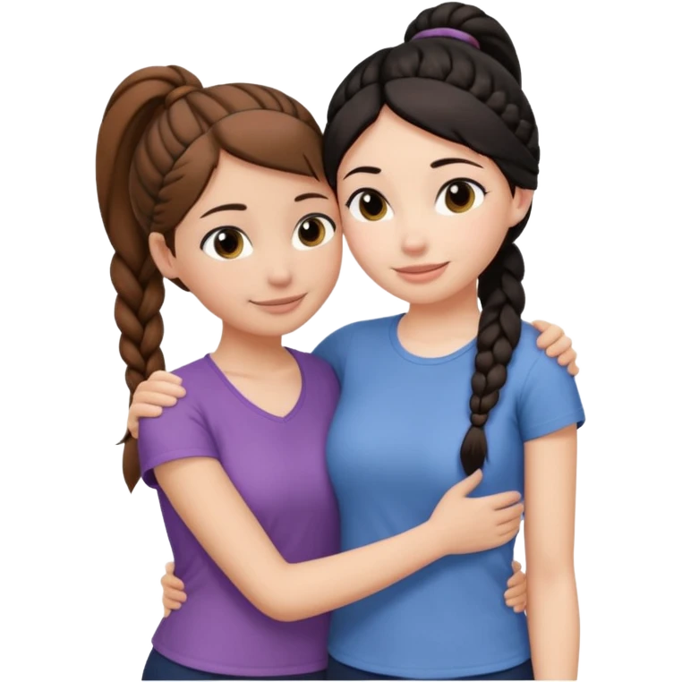 Comforting Hug two white skin women, one shorter woman with brown hair in simple top ponytail, not braided, and one taller woman with black hair in long side braid emoji