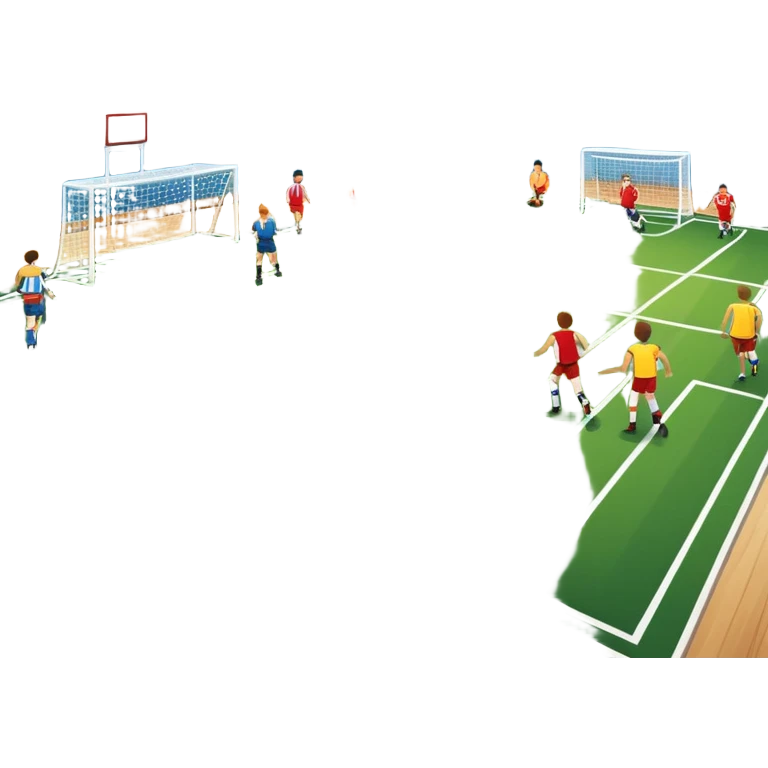 A mini-football match in an indoor sports hall with wooden flooring and clear field markings. The scene shows a vibrant game in action, with players positioned on the court, the goalposts visible, and the atmosphere filled with energy and focus. emoji