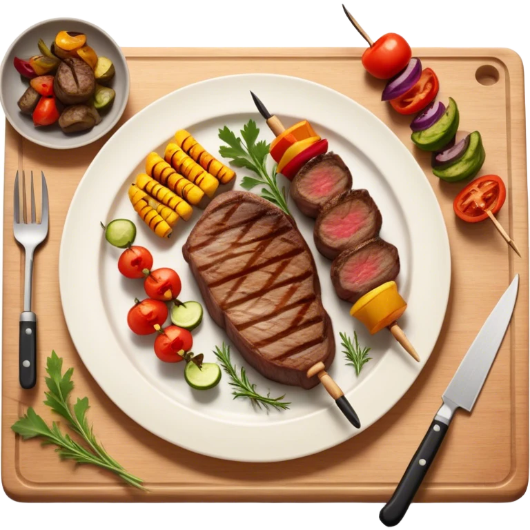 icon featuring a chef’s hat, a cutting board with fresh ingredients, a knife, a beautifully cooked ribeye steak, shashlik skewers, and a plate of food in the making. The design captures the passion of cooking with warm, inviting colors, and realistic textures. Transparent background. emoji