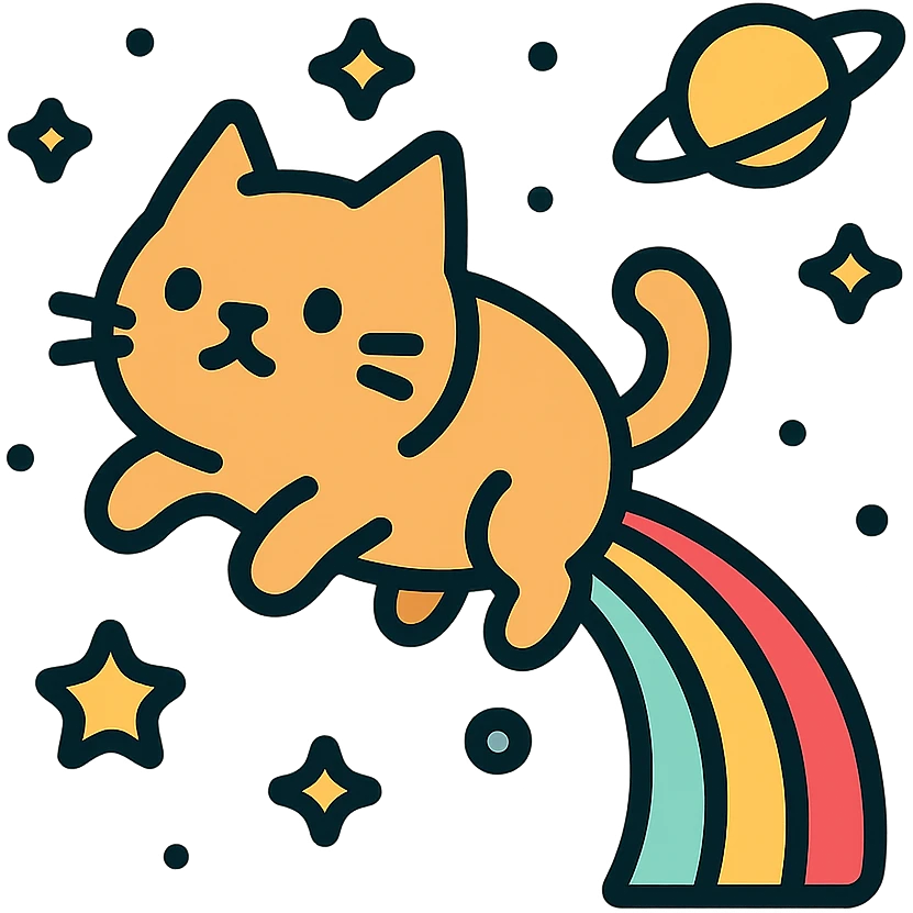 flying cat pooping rainbows in outer space with stars and planets emoji