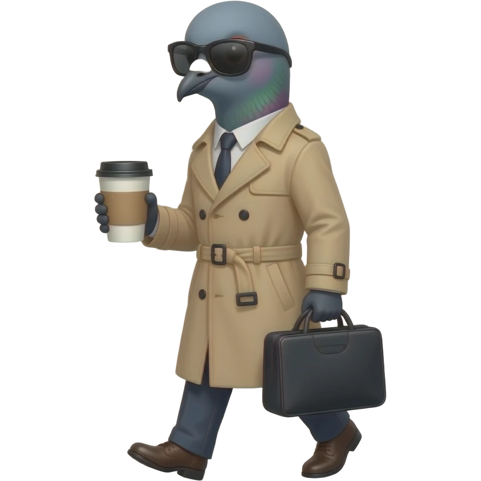 manhattan pidgeon wearing sunglasses and a belted trench coat carrying a large coffee and minding his own business emoji