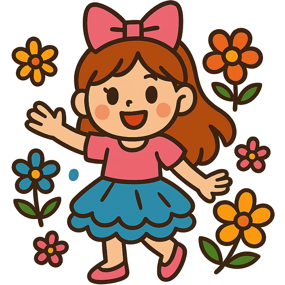 girly girl wearing a bow and frilly skirt, smiling, surrounded by flowers, vibrant toon style emoji
