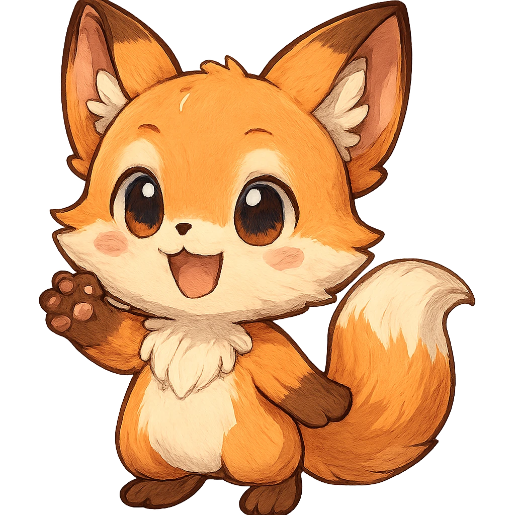 chibi anime style fox character, cheerful, waving hello, cute, colorful, detailed emoji
