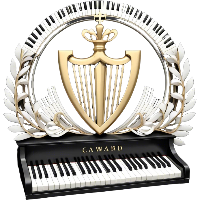 Create an elegant and festive emoji collage representing keyboard instruments, styled like a heraldic emblem. The design should feature a central focal point of black and white piano keys, arranged in a semi-circular or shield-like shape. Around the piano keys, add intertwining musical notes that form flowing ribbons, creating a dynamic and celebratory atmosphere. The design should be professional, with polished silver and gold accents on the keys and notes, highlighting the luxury and sophistication of the instruments. Add subtle shading and lighting effects to give the design a refined, 3D appearance. The background should remain transparent, and the overall feel should evoke grandeur, artistry, and a sense of celebration. emoji