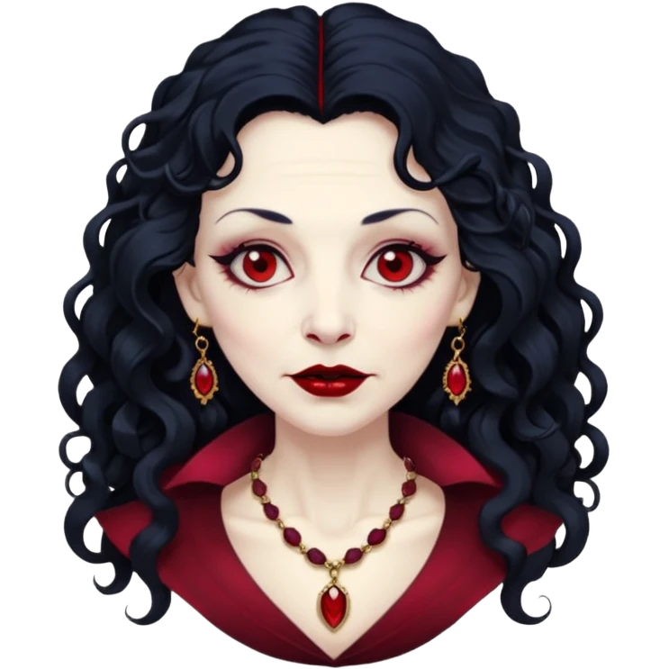 old Vampire lady Pale queen with ruby necklace, curly black long hair emoji