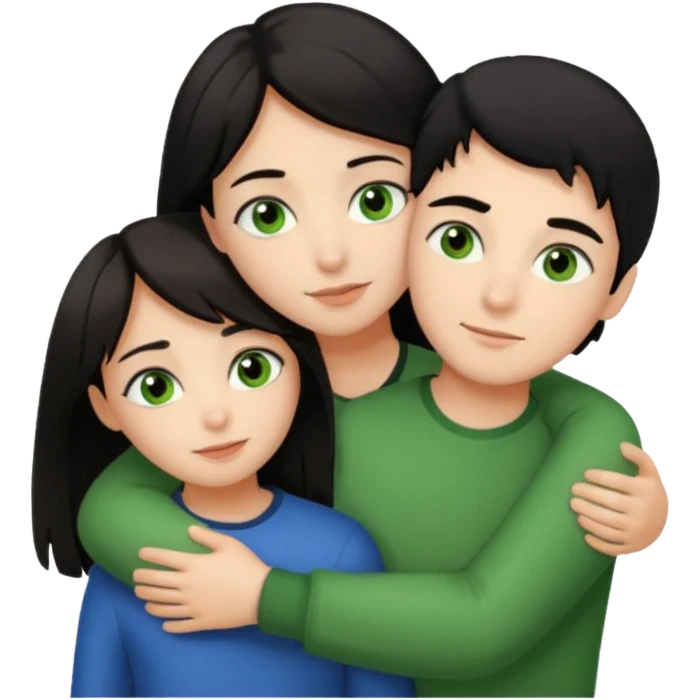 Girl with brown eyes and black hair hugging a boy with green eyes and brown hair emoji