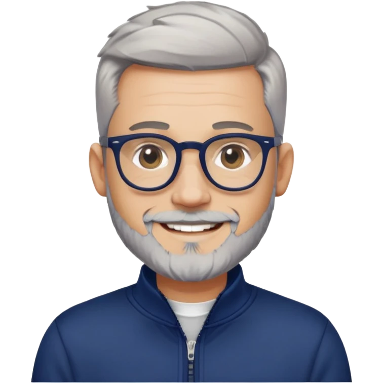 Man with light skin, high fade haircut (extremely short gradient from sides to top), short peppered gray beard, large black-framed glasses, smiling face, navy blue zip-front sweatshirt with long sleeves emoji