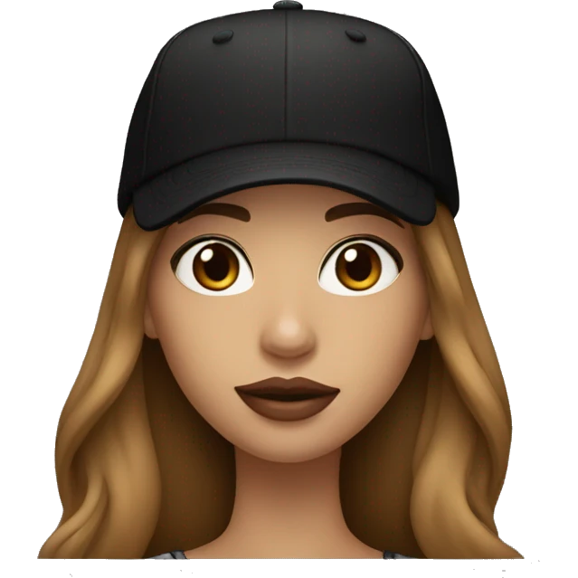 A beautiful woman wearing a black cap and black sweatshirt, big lips, brown straight long hair.  emoji