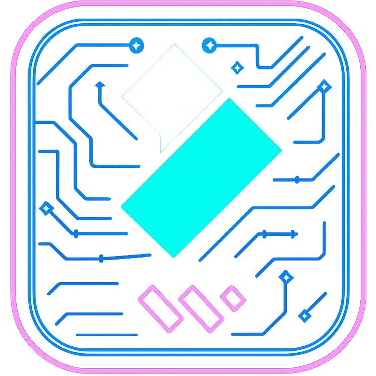 Transform the Wondershare Filmora logo into a flat, cyberpunk style with extremely strong, intense neon glow. The main shapes should be fully filled in with their original colors teal, white, and dark blue, with glowing neon blue and pink circuit patterns and a strong holographic glow around the edges. The icon should be bold and opaque, with a transparent background, and match the look and feel of other cyberpunk icons in the set. Avoid 3D shading and keep the style flat and futuristic. emoji