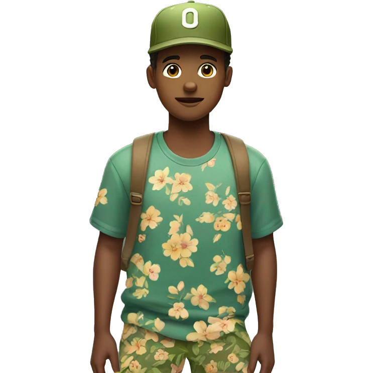 young man in floral pants and olive baseball hat emoji