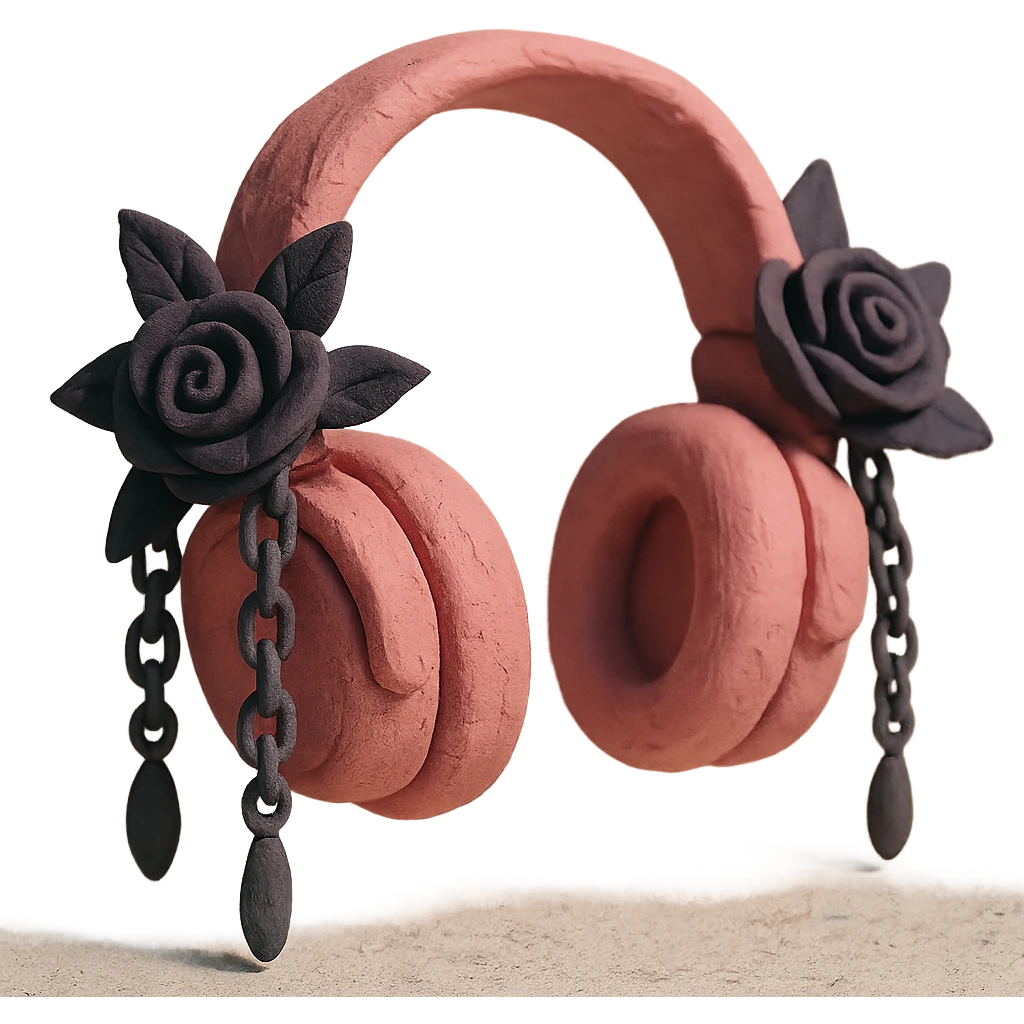 pink gothic headphones with dark roses and dangling chains in claymation style emoji