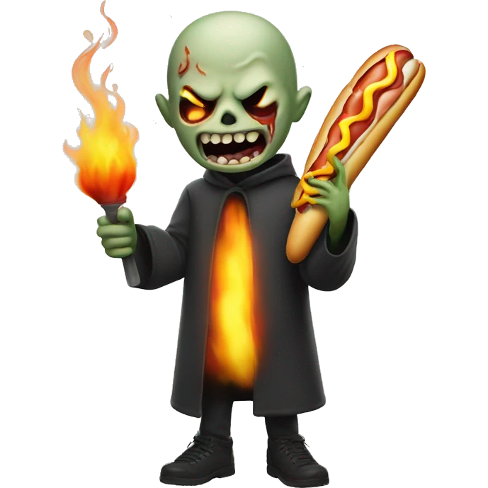 a ghoul with a flaming torch eating a hot dog  emoji