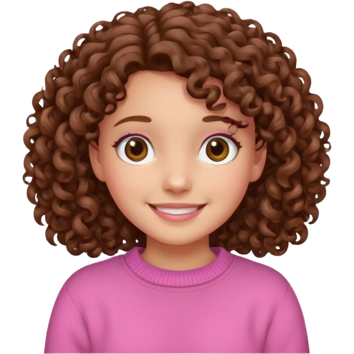 girl with curly brown hair and pink jumper, smiling emoji