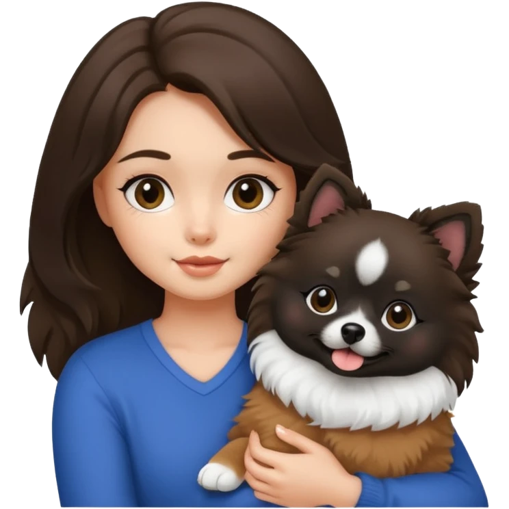 A brunette girl holding a Pomeranian dog who has black face but in the middle it’s white line emoji