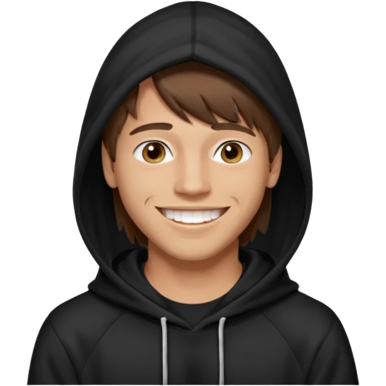 20 yr old man, brown hair, straight, big smile, white teeth, tanned skin, bangs, black hooded sweatshirt, long hair in back, center-parted bangs emoji