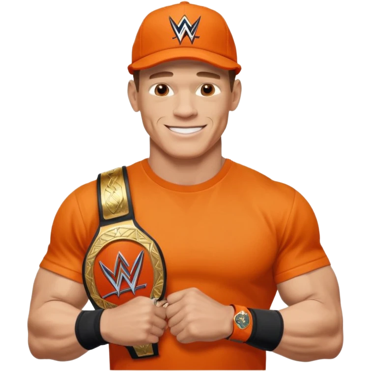 John Cena in orange cap and tshirt with wwe championship emoji