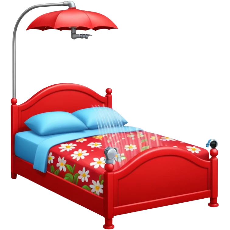 A red bed and a sprinkler on top of it!Cute! emoji