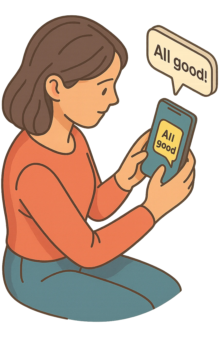 женщина печатает сообщение на телефоне - All good! emoji