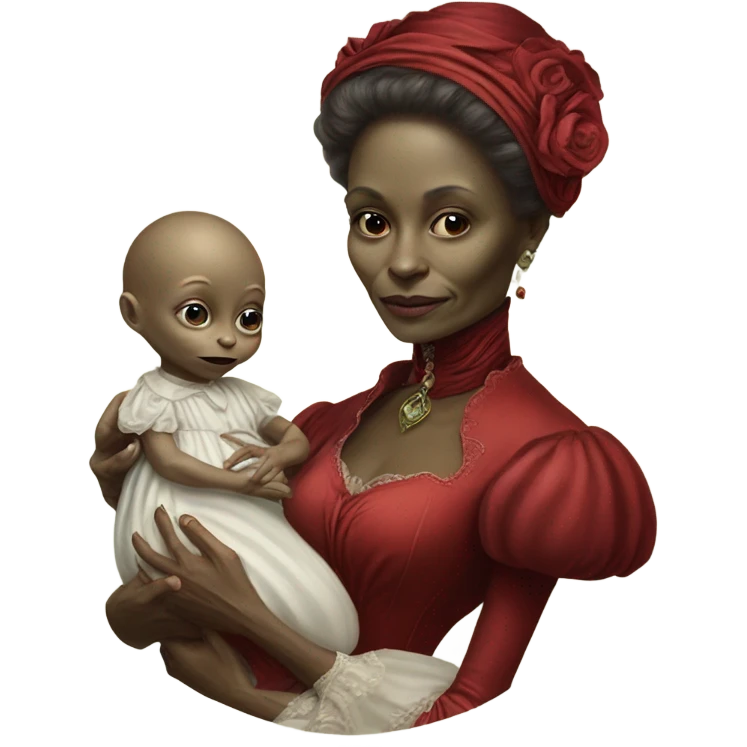  Reptilian alien woman , full body, in victorian red elegant dress , holds a newborn white humman baby emoji