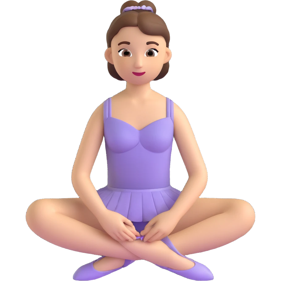ballerina in 3D emoji style, sitting and tying ballet shoes, serene look emoji