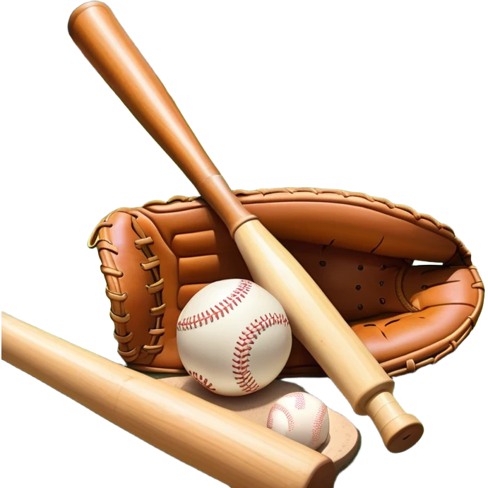 A baseball bat, ball, and glove resting on the ground, set against the backdrop of a baseball field. The scene captures the iconic equipment of the sport, with the field in the distance and a bright sky above, evoking the spirit of the game. emoji