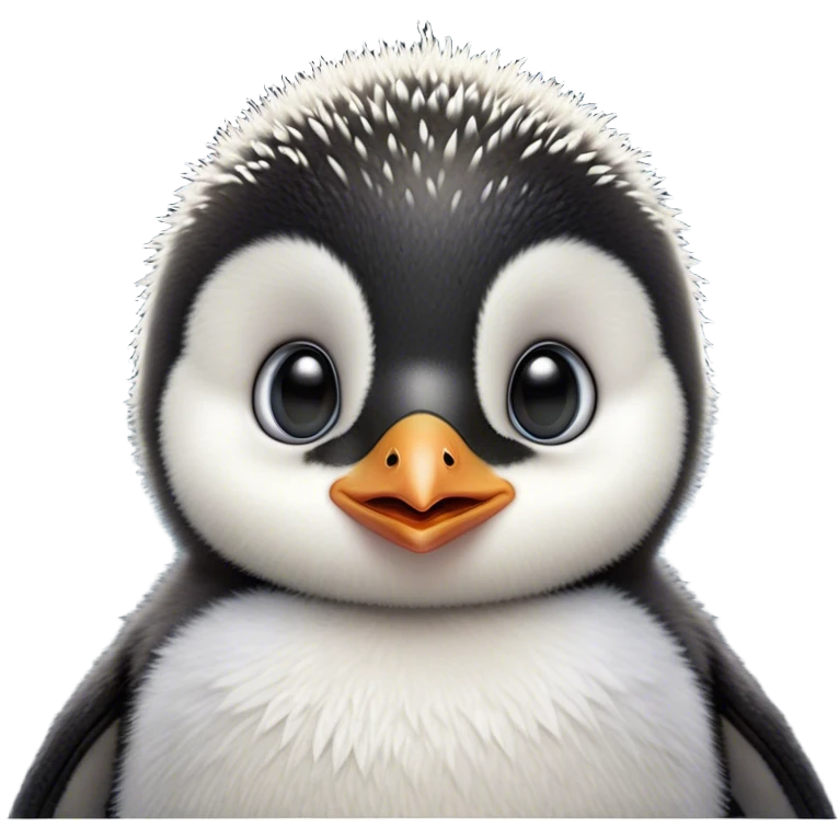 Cinematic Comical Baby Penguin Portrait Emoji, Head tilted dramatically with an exaggeratedly shocked expression, featuring delightfully fluffy plumage with wide, comically expressive eyes full of humorous disbelief, Simplified yet hilariously expressive features, highly detailed, glowing with a slightly sassy polar glow, high shine, dramatic yet playful, stylized with an air of cheeky innocence, soft glowing outline, capturing the essence of a meme-worthy baby penguin that seems ready to side-eye its way into viral fame! emoji