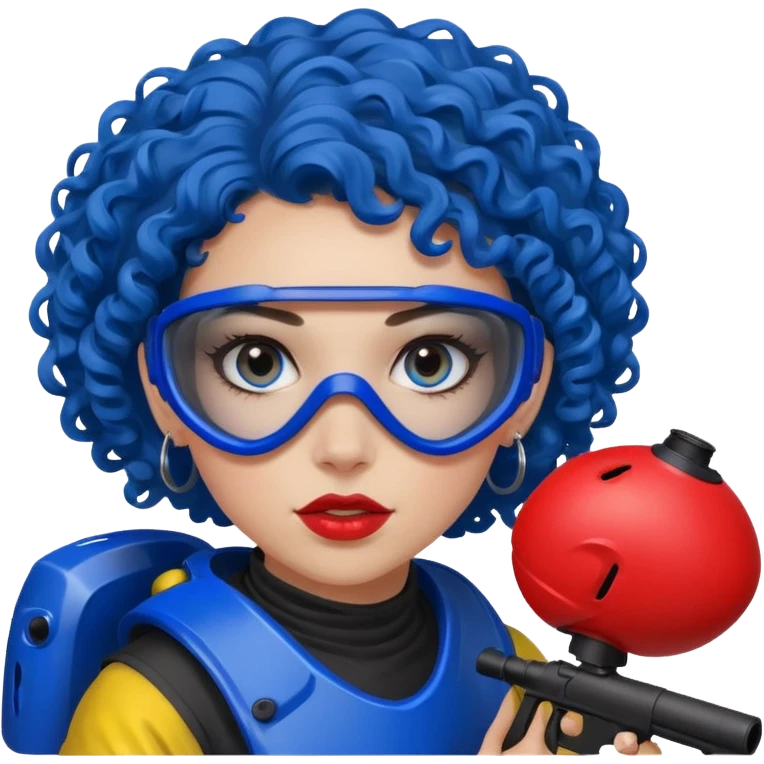 blue curly girl with huge earrings playing paintball with red paintball helmet with eye protection, only face  emoji