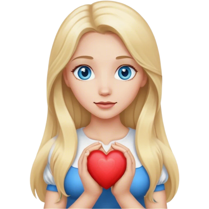 A realistic blonde with long hair and blue eyes holds a heart in her hands emoji