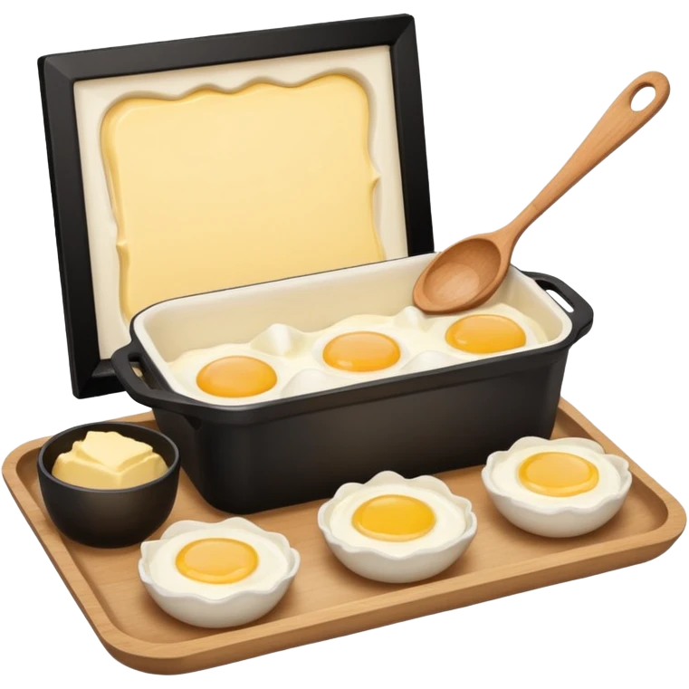 A carton of eggs, butter and a cream ceramic baking bowl with a wooden spoon in it emoji