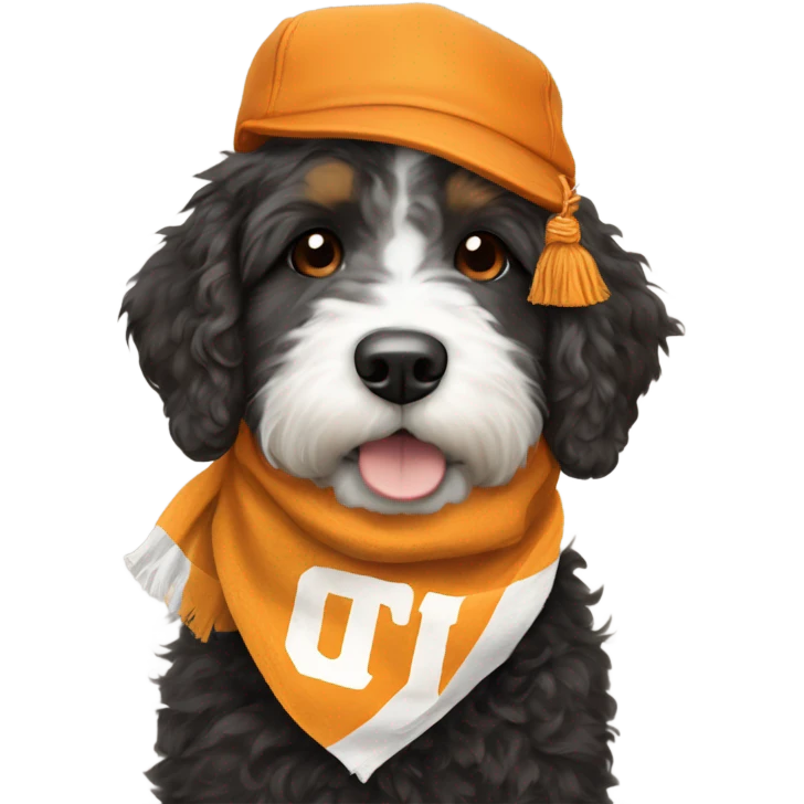 Bernedoodle with University of tennessee hat and scarf emoji