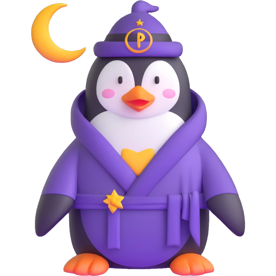 penguin wizard with a purple robe and crescent moon hat emoji