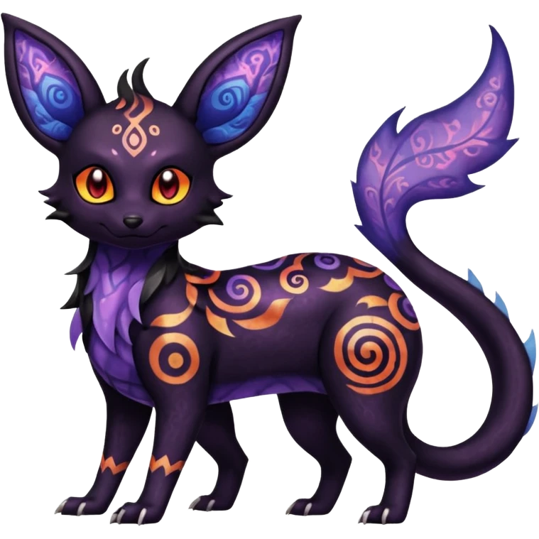 Shiny Fiery Dark Ugly Evil Realistic Glowing Eldritch Horror Cool Edgy Badass Emo Glorious Demonic Batty Dusky Ethereal Sparkly Shimmering Magical Punky Aural Iridescent Fluorescent Bioluminescent Umbreon-Amaura-Salandit-Litten-Flareon-Fakémon-fusion (full body) with intricate pattern markings emoji