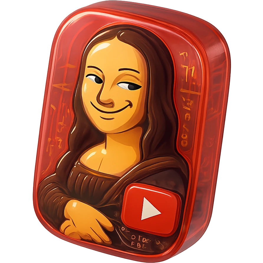 Mona Lisa with a playful sarcastic grin, red YouTube play button, glossy circuit style emoji