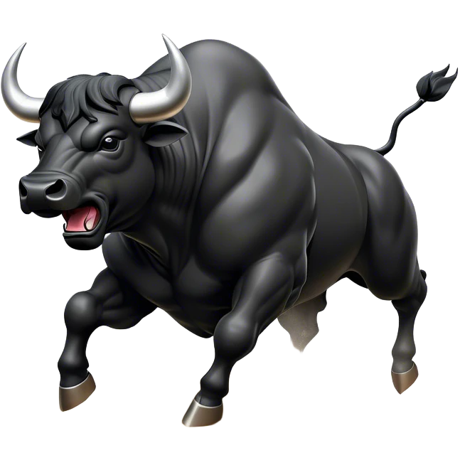 ​Cinematic Realistic Black Charging Bull, depicted in mid-charge with a powerful, muscular form and glossy black hide glistening under dynamic dramatic lighting, dust and motion captured mid-air to exude raw strength and unbridled energy on an expansive arena, emoji