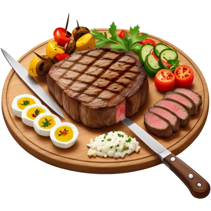 icon featuring a chef’s hat, a cutting board with fresh ingredients, a knife, a beautifully cooked ribeye steak, shashlik skewers, and a plate of food in the making. The design captures the passion of cooking with warm, inviting colors, and realistic textures. Transparent background. emoji