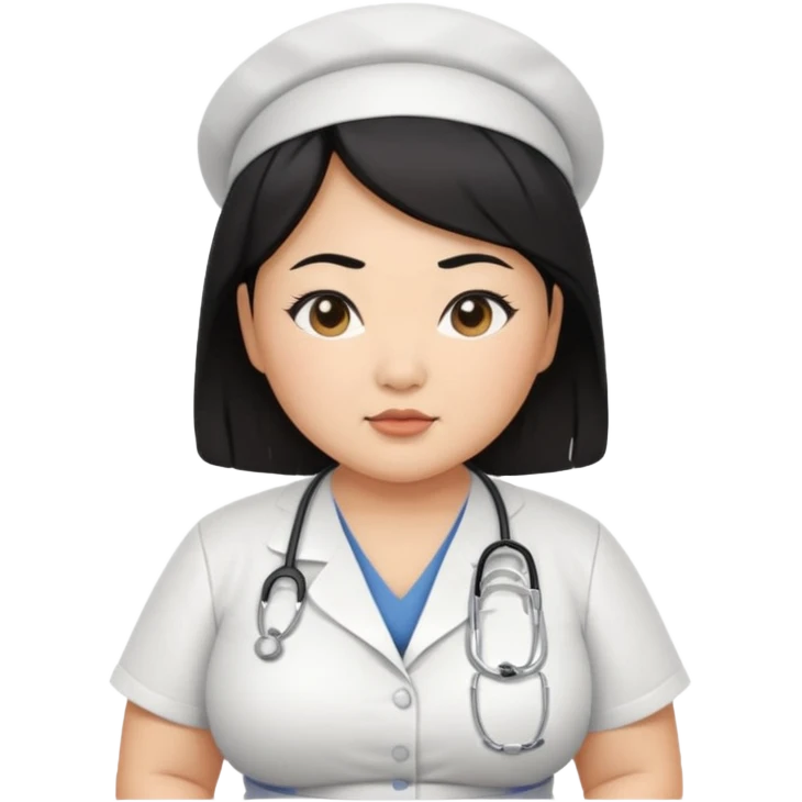 chubby asian woman Nurse round eyebrow medium black hair wear a low cut shirt and show cleavage  emoji