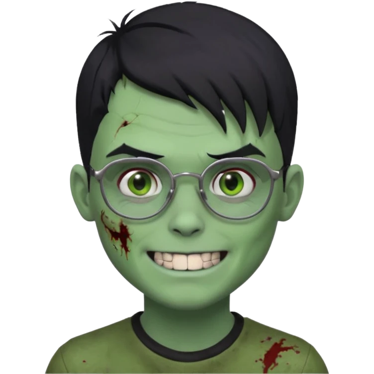 zombie boy, modern hair, green skin, black hair, glasses, risk on the eyebrow, scars, creepy expression, smile, silver teeth emoji