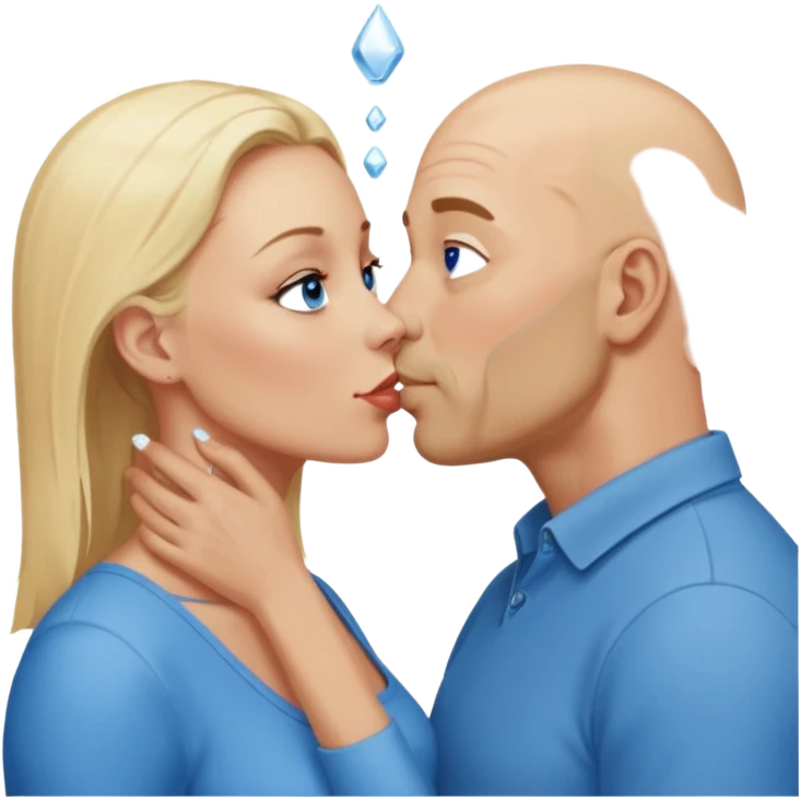 middle age bald man with salt and blonde scruff, blue eyes and blonde woman with blue eyes kissing each other emoji